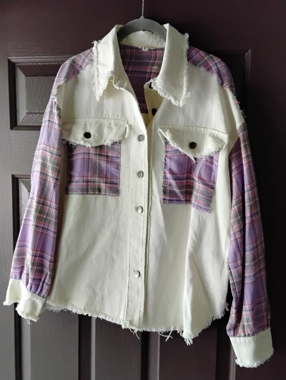 POL Ivory Oversized Shacket with Lavender Plaid Accents Small